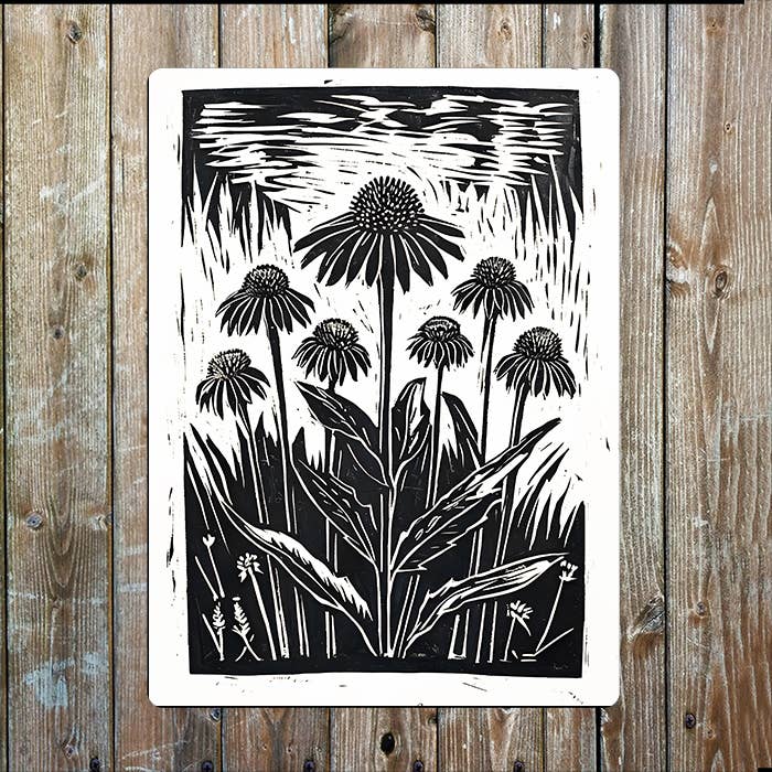Echinacea Flowers Linocut Style | Metal Sign Plaque