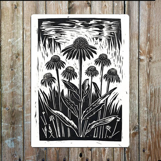Echinacea Flowers Linocut Style | Metal Sign Plaque