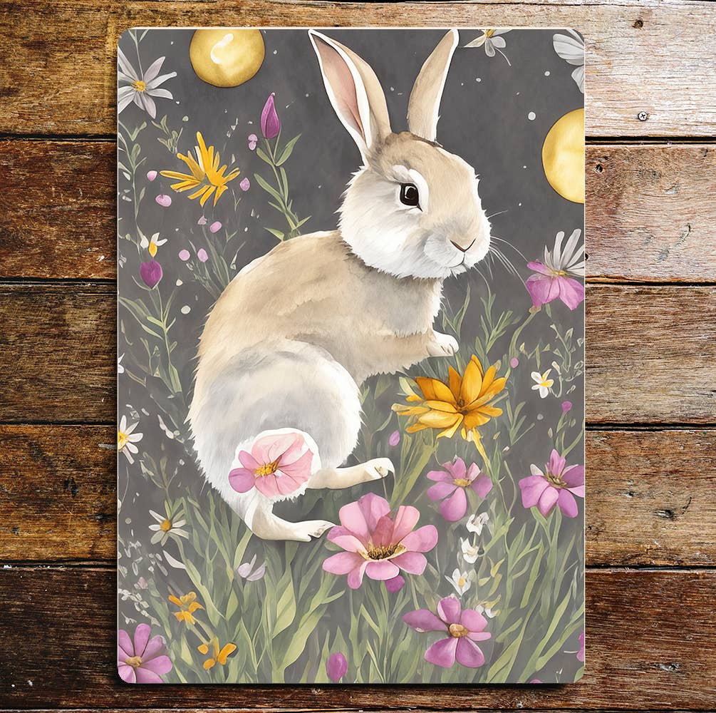 Rabbit Laying Down In Flower Field Metal Sign Plaque