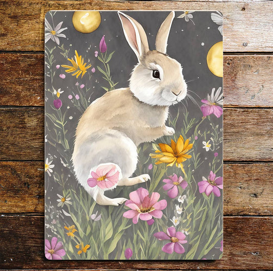 Rabbit Laying Down In Flower Field Metal Sign Plaque