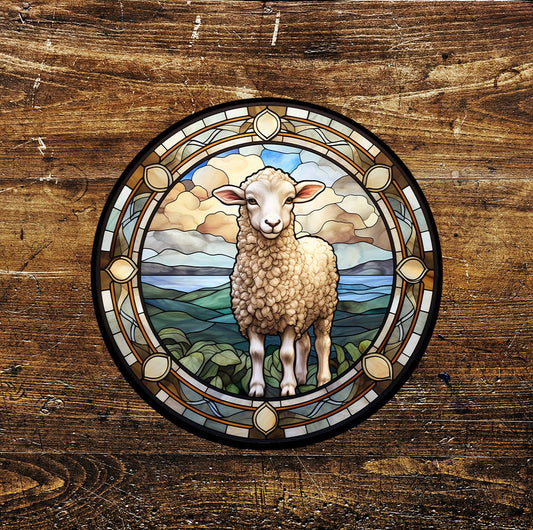 Baby Sheep Spring Stained Glass affect Metal Circle Sign