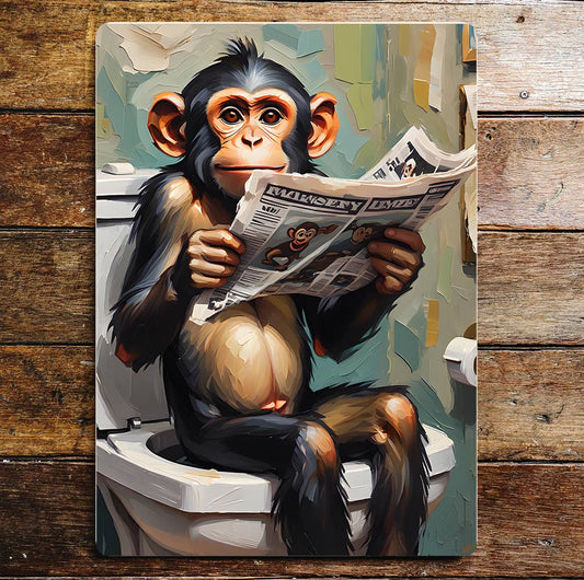 Happy Monkey on the Toilet Newspaper | Metal Sign Plaque