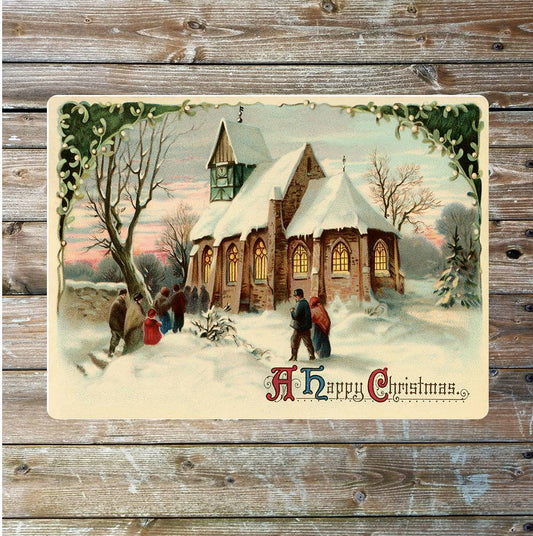 Church in snow vintage card art | Metal Sign Plaque