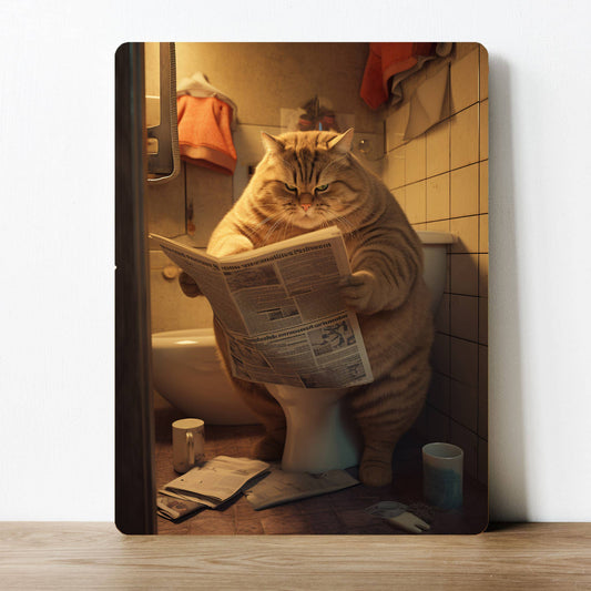 Fat cat on the toilet newspaper Bathroom | Metal Sign Plaque