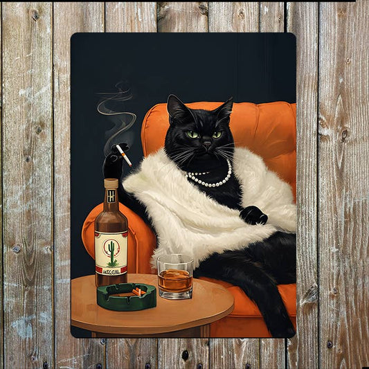 Black Cat Relaxing On Vibrant Armchair | Metal Sign Plaque