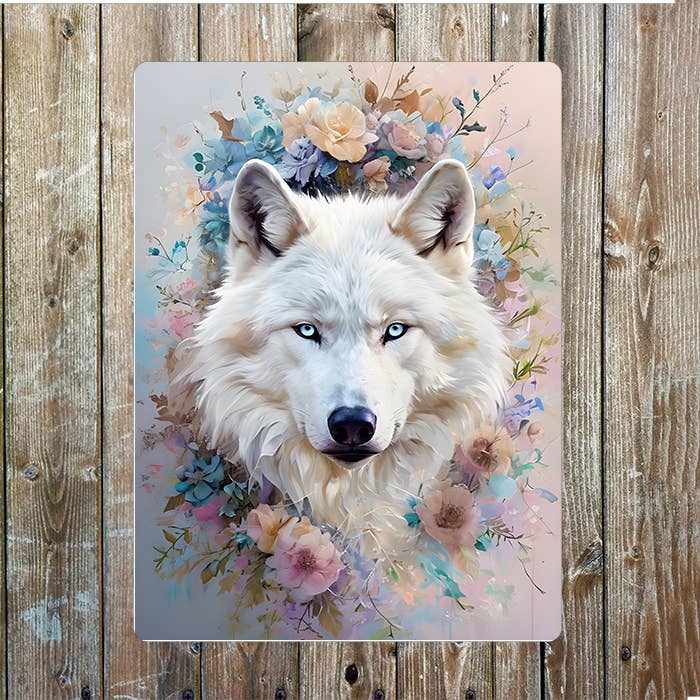Portrait Of A Serene White Wolf Metal Sign Plaque