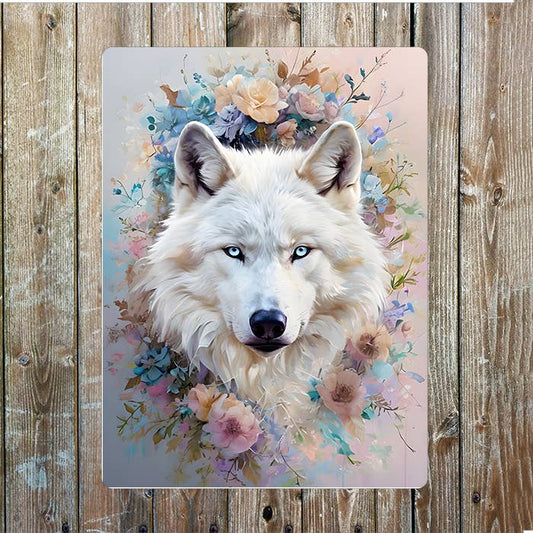 Portrait Of A Serene White Wolf Metal Sign Plaque