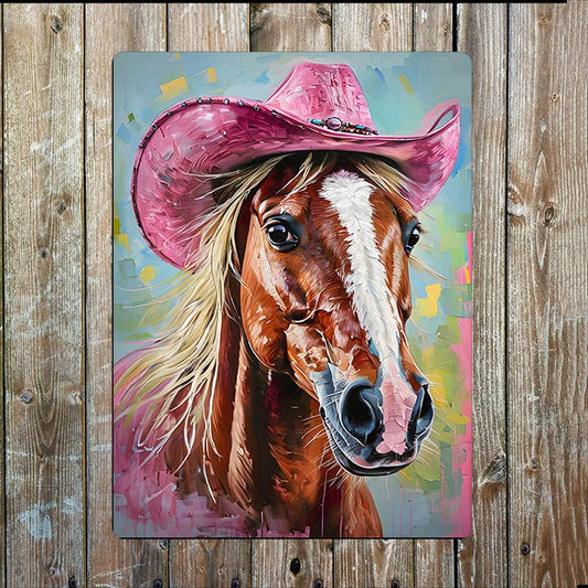 Horse Pink Cowboy Hat Western | Metal Sign Plaque