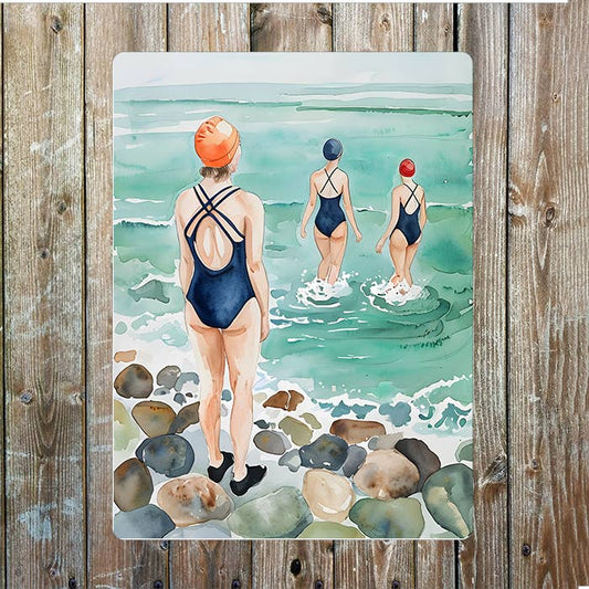 Watercolor Women Enjoying A Rocky Beach | Metal Sign Plaque