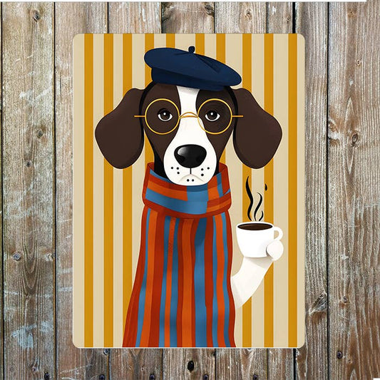 Dog with Cup of Tea Coffee | Metal Sign Plaque