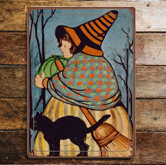 Halloween Black Cat Girl Broomstick | Metal Sign Plaque