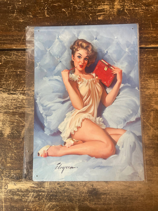 Bedroom Bed Book Pin Up Girl In Bath | Metal Sign