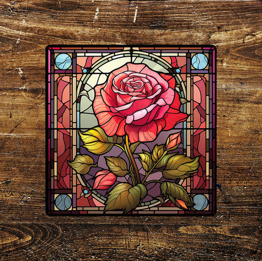 Pink Rose Stained-Glass Affect | Metal Sign Plaque Square