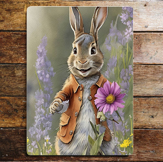 Rabbit In Jacket Flower Metal Wall Sign