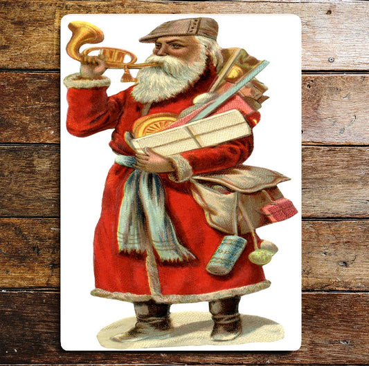 Father Christmas Horn Presents Red | Metal Sign Plaque