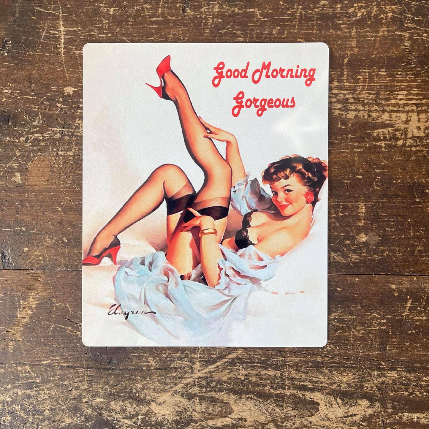 Pinup Girl Good Morning Gorgeous Bed Metal Pin Up Wall Sign