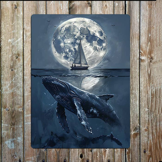 Watercolor Whale Moon Boat Sea Nautical | Metal Sign Plaque