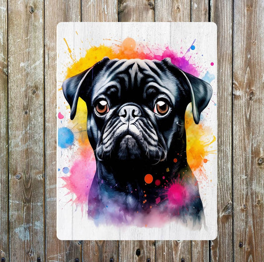 Black Pug Watercolour Splash Pink Orange | Metal Sign Plaque