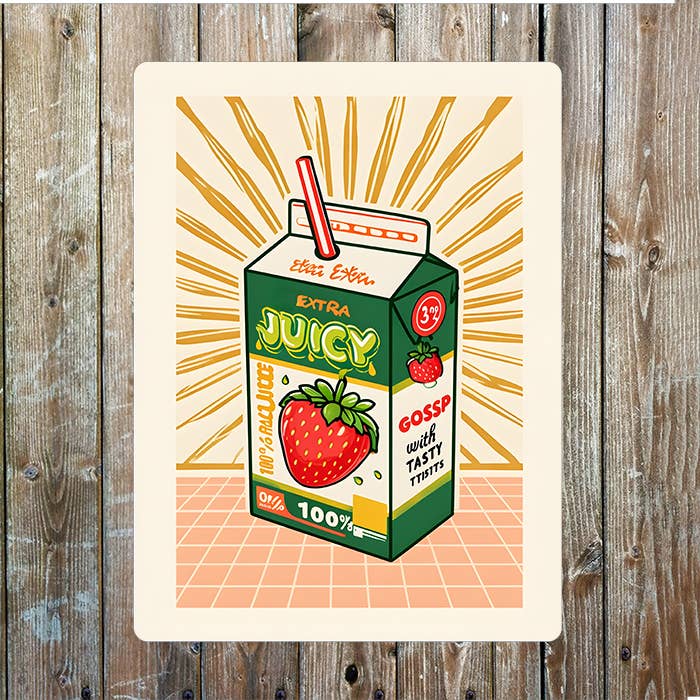 Juice Carton Illustration With Strawberry | Metal Sign Plaque