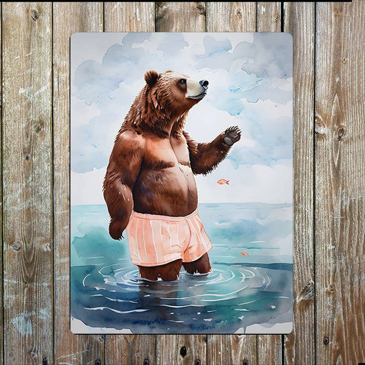 Watercolor Bear Swim Ocean Sea Nautical | Metal Sign Plaque