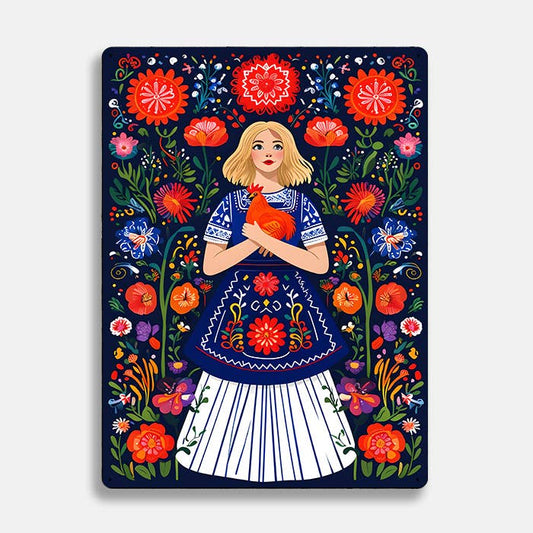 Women Hen Chicken Floral scandinavian folk | Metal Sign Plaque