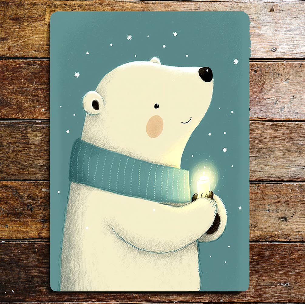 Cute Happy Polar Bear Blue Scarf Candle | Metal Sign Plaque