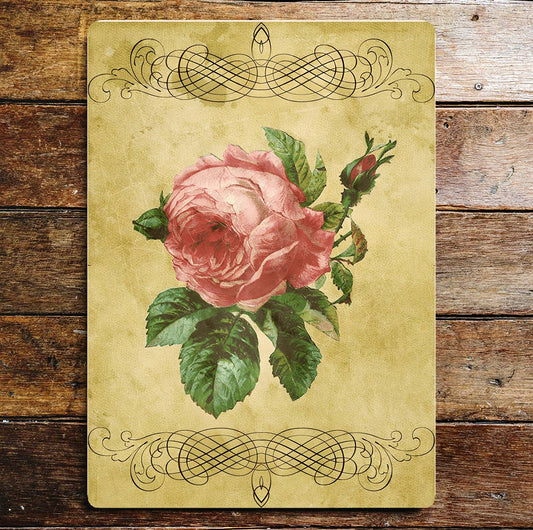 Pink Rose Stems Leaves Card Vintage Metal Sign Plaque
