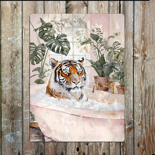 Tiger Relaxing In Pale Pink Bath Tub | Metal Sign Plaque