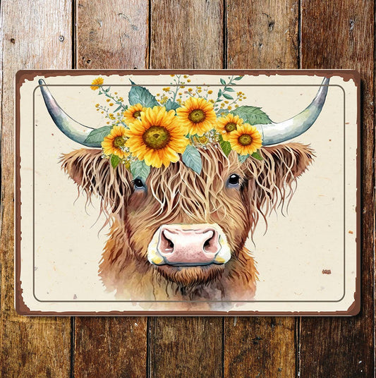 Highland Cow Cattle Floral Sunflowers | Metal Sign Plaque