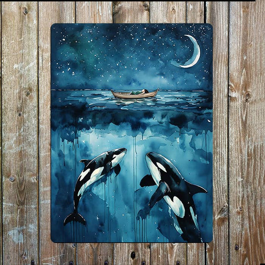 Watercolor Whales Boat Float Sea Nautical | Metal Sign Plaque