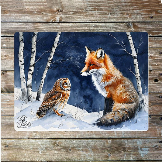 Winter Scene With Fox And Owl In Snowy | Metal Sign Plaque