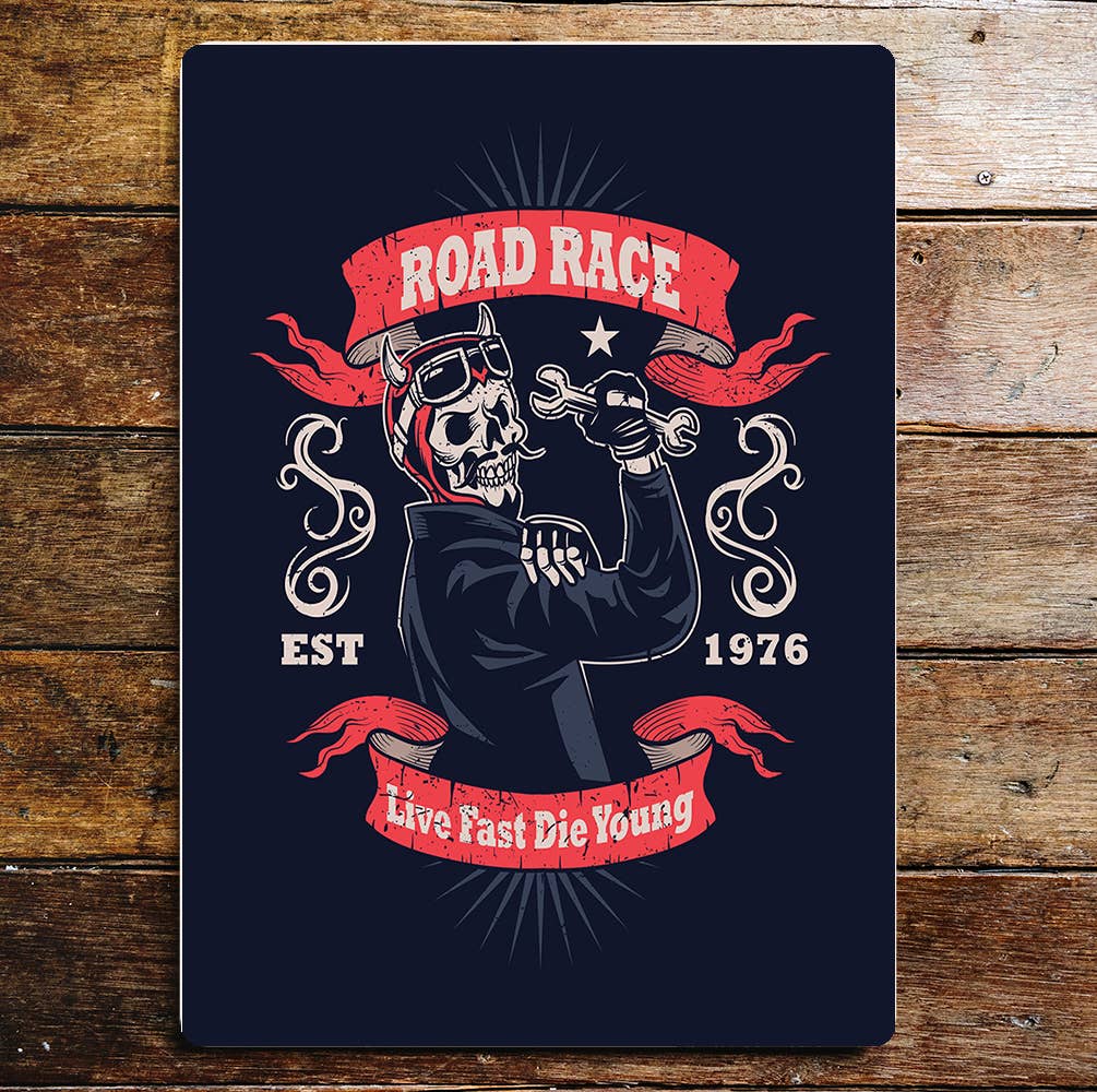Live fast die young road race skeleton | Metal Sign plaque