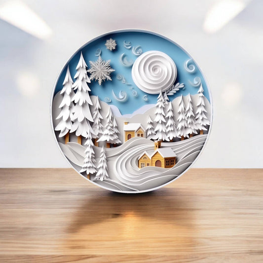 Village 3D Effect Christmas Decoration Metal Sign Circle