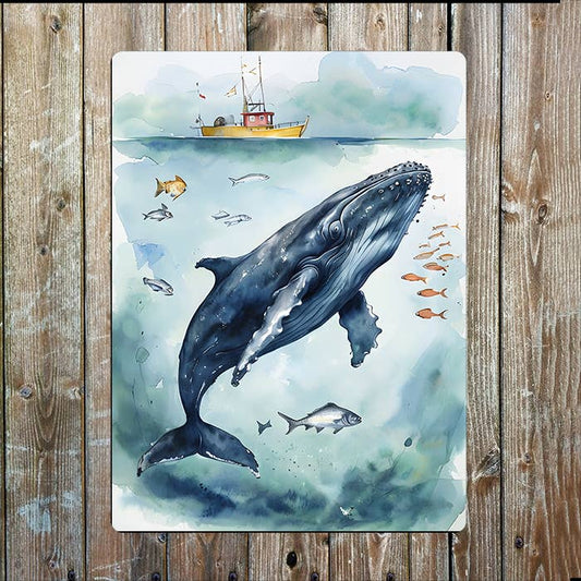 Watercolor Whale Boat Fish Sea Nautical | Metal Sign Plaque