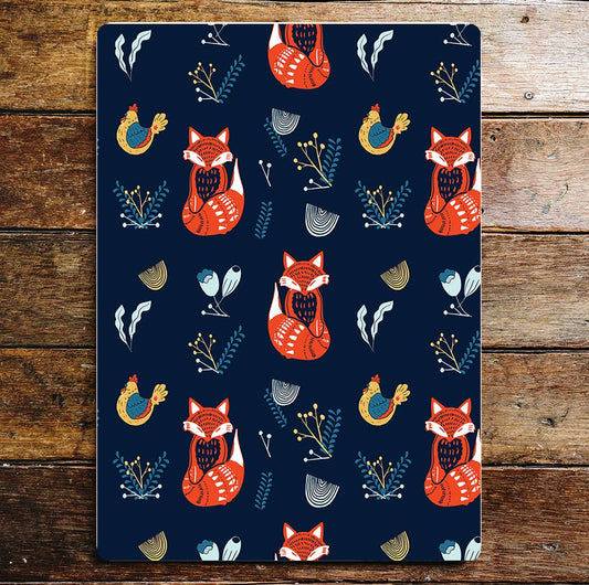 Fox hen chicken leaves pattern red berry | Metal Sign plaque