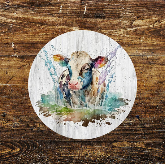 Farmer's Calf Cow Colour Splash Pet Art Circle Metal Sign