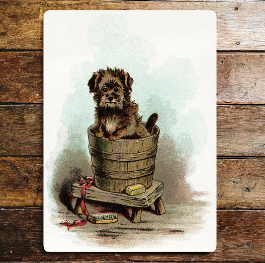 Cute Fluffy Puppy in Barrel Bath Time | Metal Sign plaque