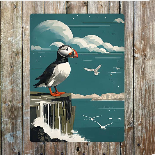 Coastal Scene Colorful Puffin On Cliff | Metal Sign Plaque