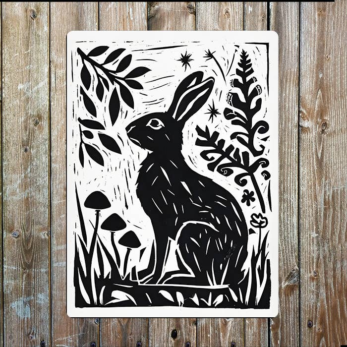 Spring Hare In Nature Linocut Style Metal Sign Plaque