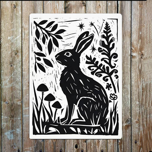 Spring Hare In Nature Linocut Style Metal Sign Plaque