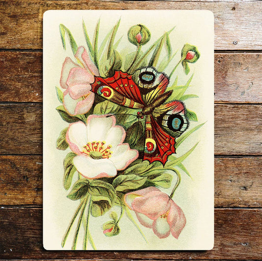 Butterfly Red Pink White Flowers | Metal Wall Sign Plaque