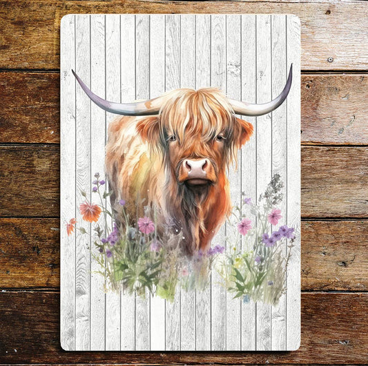 Highland Cow Flowers Art | Metal Sign Plaque