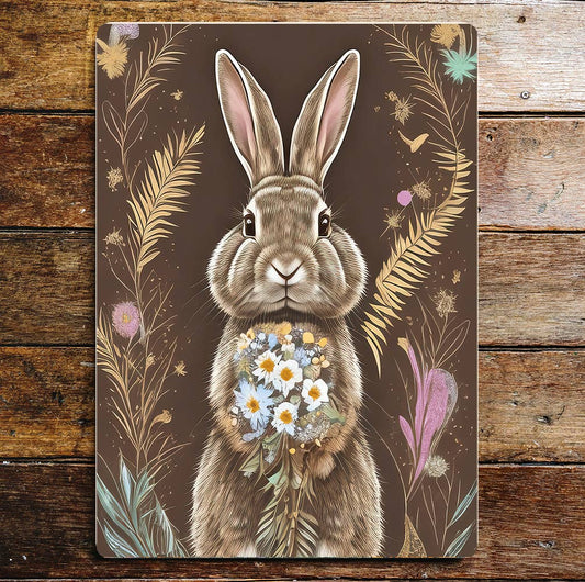 Rabbit Holding Bunch Flowers Metal Sign Plaque