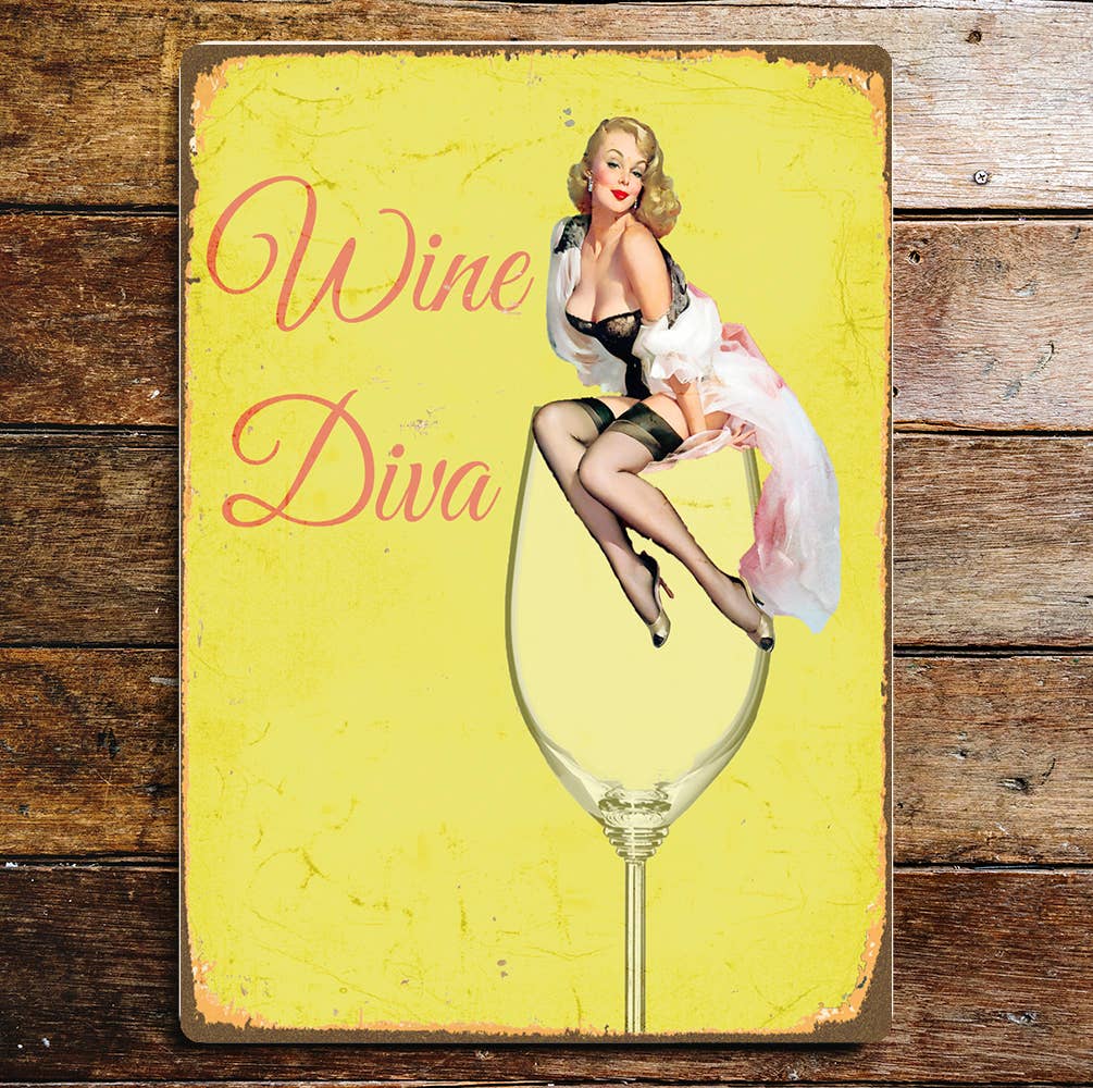 Wine Diva Pin Up Girl Wine Glass | Metal Wall Sign