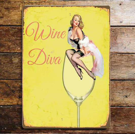Wine Diva Pin Up Girl Wine Glass | Metal Wall Sign