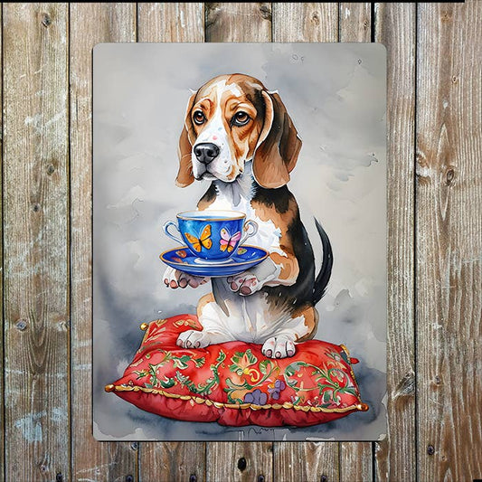 Beagle Dog Holding Teacup on Cushion | Metal Sign Plaque
