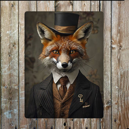 Fox In Elegant Vintage Clothes Top Hat | Metal Sign Plaque