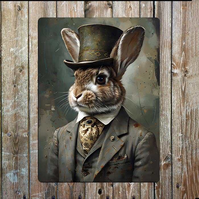 Dapper Rabbit In Elegant Clothes Top Hat | Metal Sign Plaque