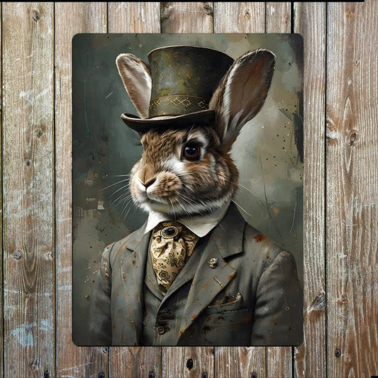 Dapper Rabbit In Elegant Clothes Top Hat | Metal Sign Plaque