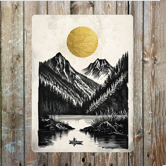 Black White Mountain Golden Sun | Metal Sign Plaque